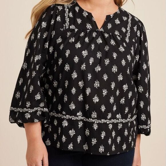 NEW Maurices Womens 100% Cotton Black Floral Peasant Blouse sz XXL Boho Cottage - Picture 3 of 10